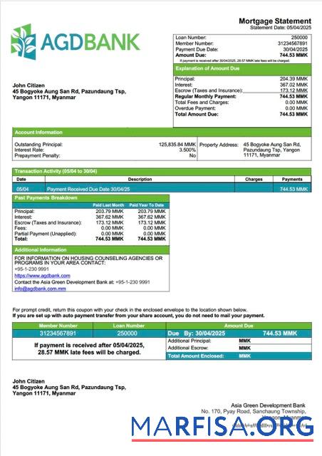 Realistic Myanmar Asia Green Development (AGD) Bank mortgage statement Word and PDF template